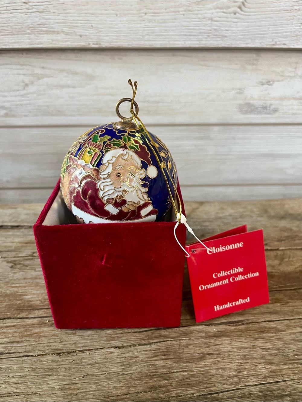 Vintage 1999 Cloisonné Santa Claus Christmas Ornament Handcrafted & Velvet Box